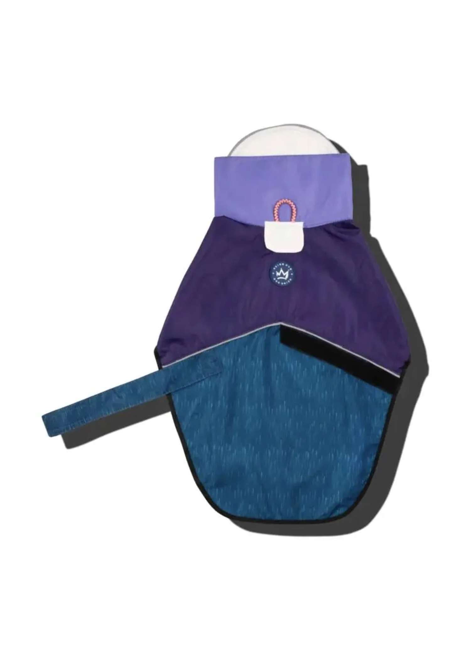 Purple and navy Haus of Hank dog rainmac with teal underside, laid flat
