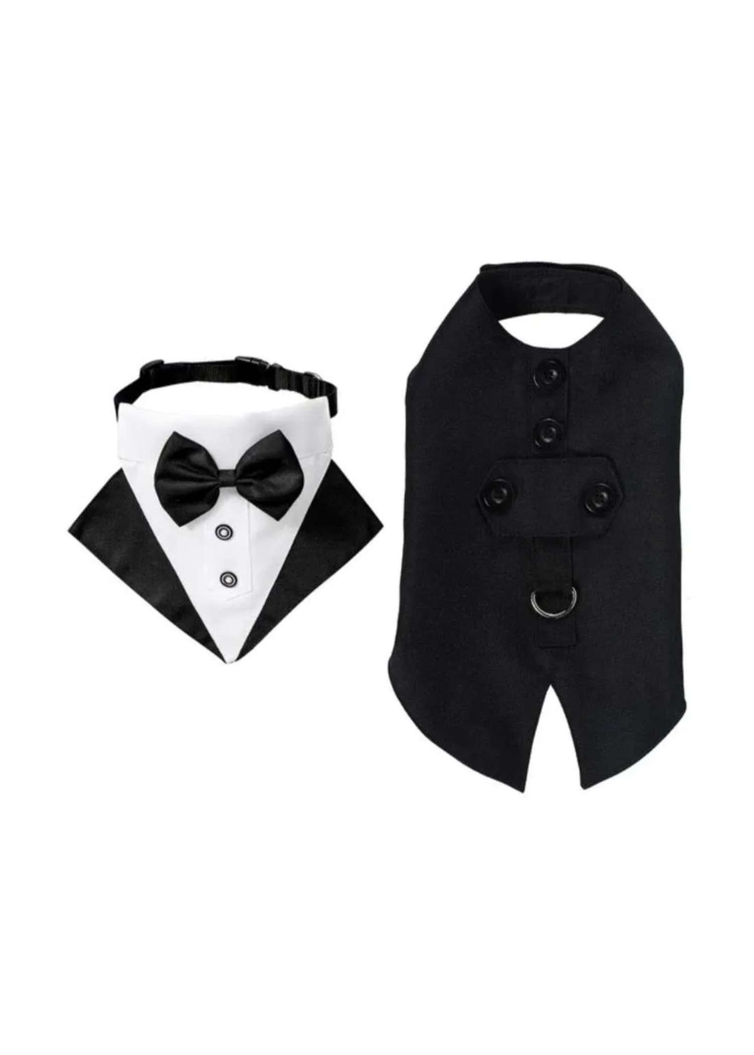 Tuxedo dog bandana with bow tie and black suit tails set
