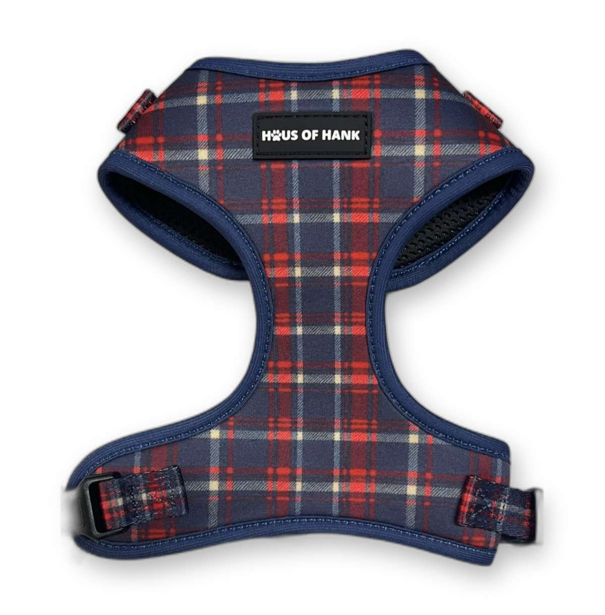 The Heritage Edition Classic Haus Harness — navy tartan print dog harness (front view) from Haus of Hank