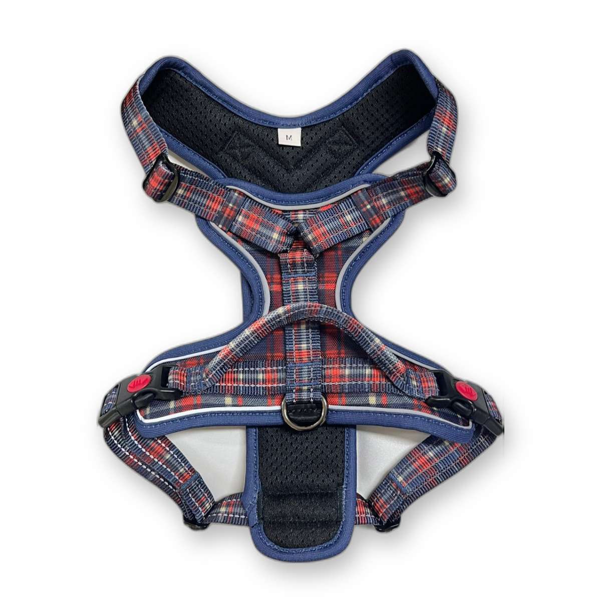 The Heritage Edition Haus Control Harness — navy tartan print dog harness (back view) from Haus of Hank