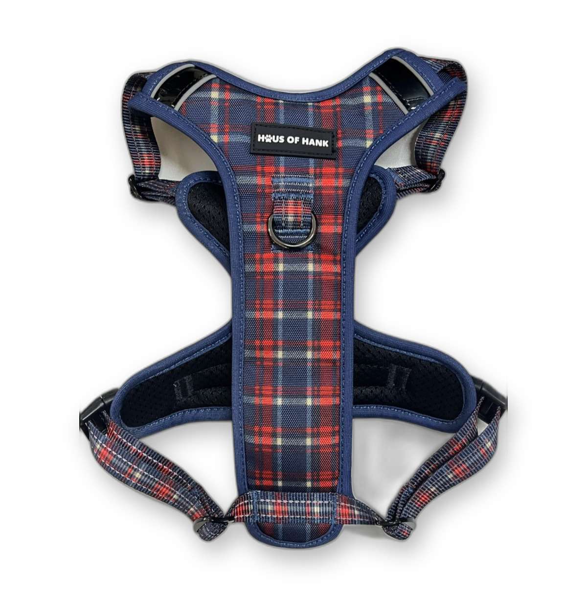 The Heritage Edition Haus Control Harness — navy tartan print dog harness (front view) from Haus of Hank