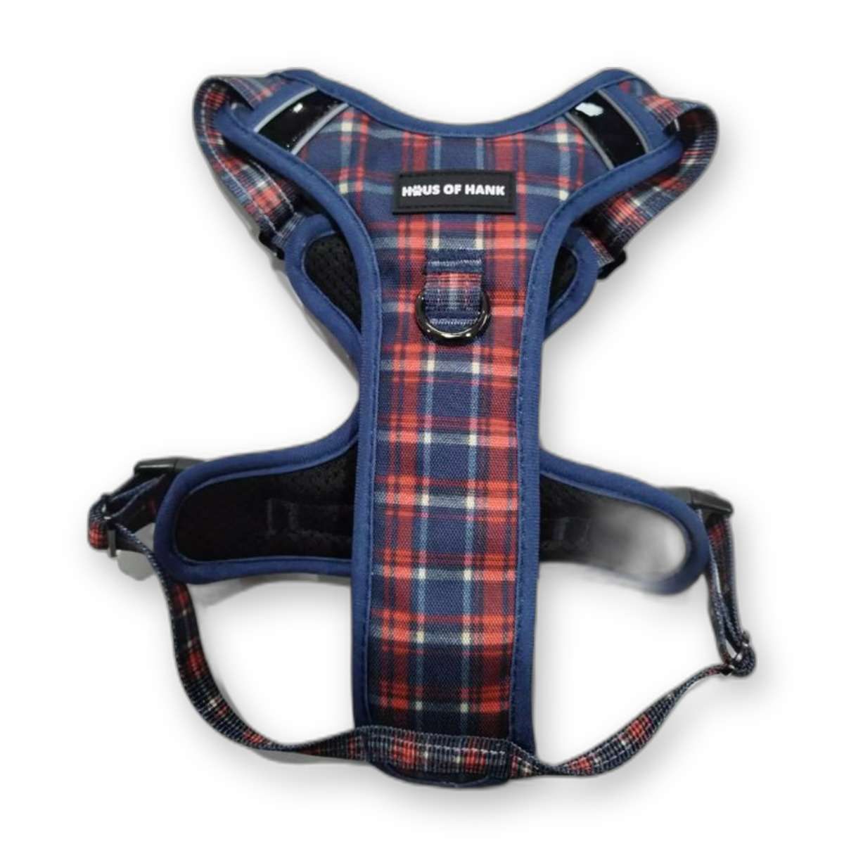 The Heritage Edition Haus Control Harness — navy tartan print dog harness (side view) from Haus of Hank