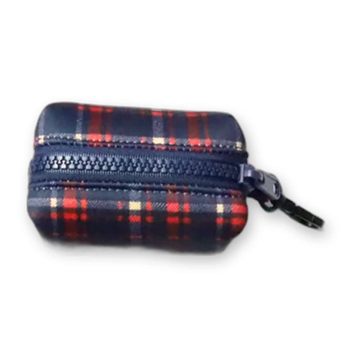 The Heritage Edition Duo Pouch — navy tartan print dog poop bag holder (zip view) from Haus of Hank