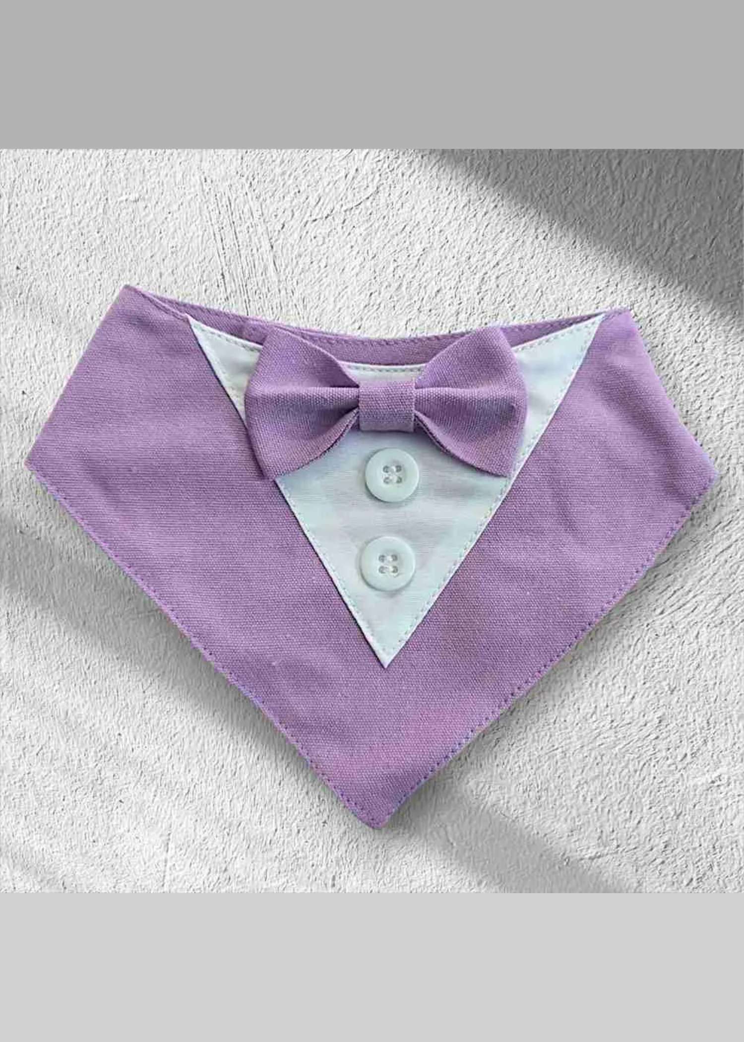 Lilac tuxedo dog bandana with bow tie and white shirt front