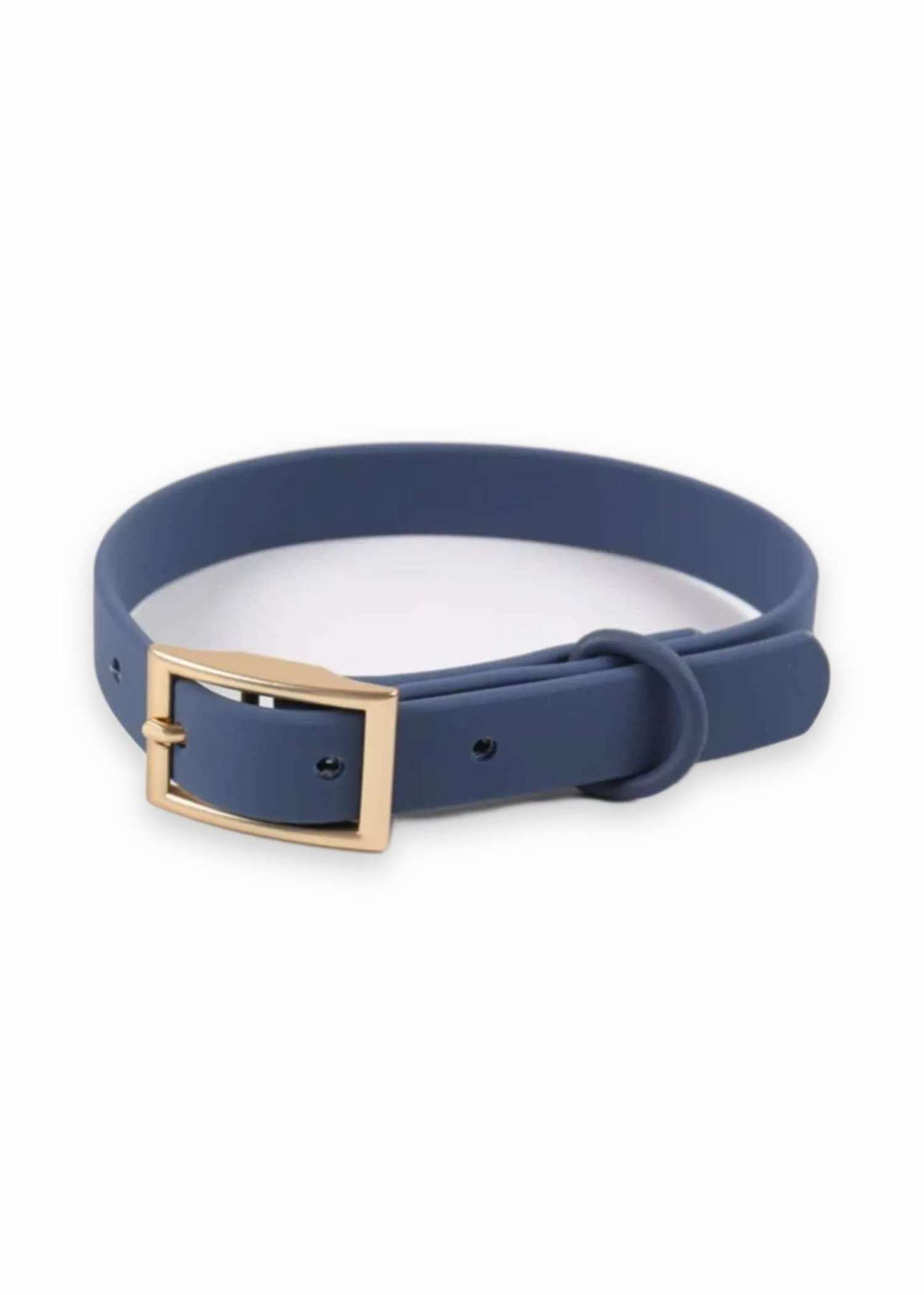 Navy waterproof dog collar with gold-tone buckle