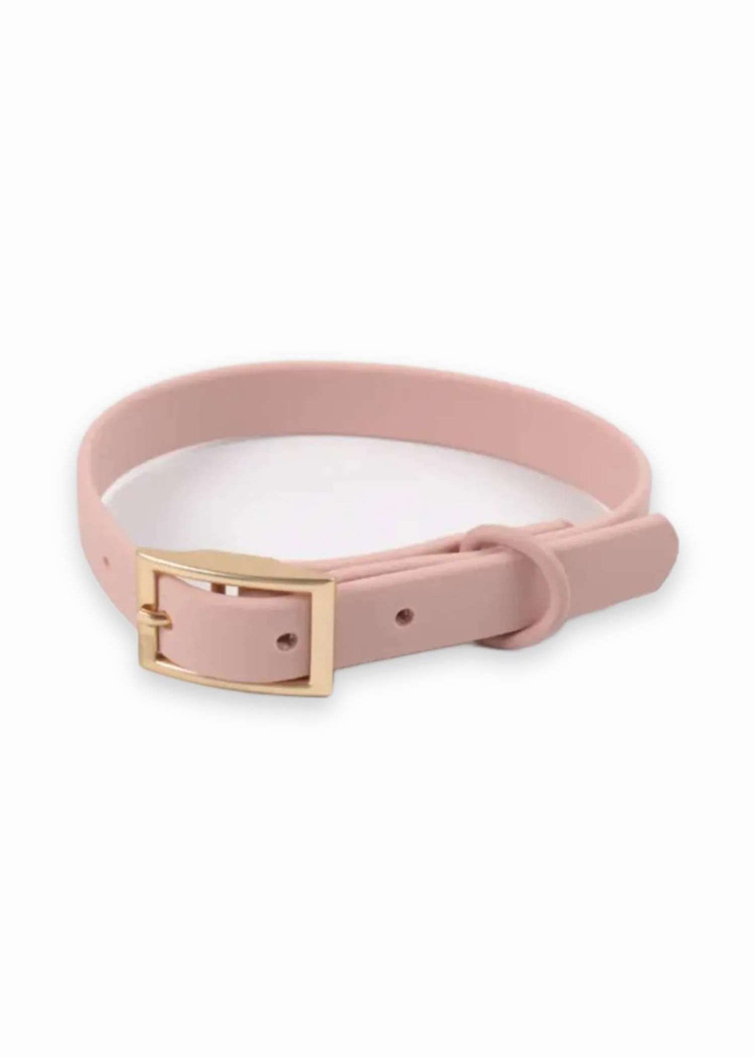 Pink waterproof dog collar with gold-tone buckle