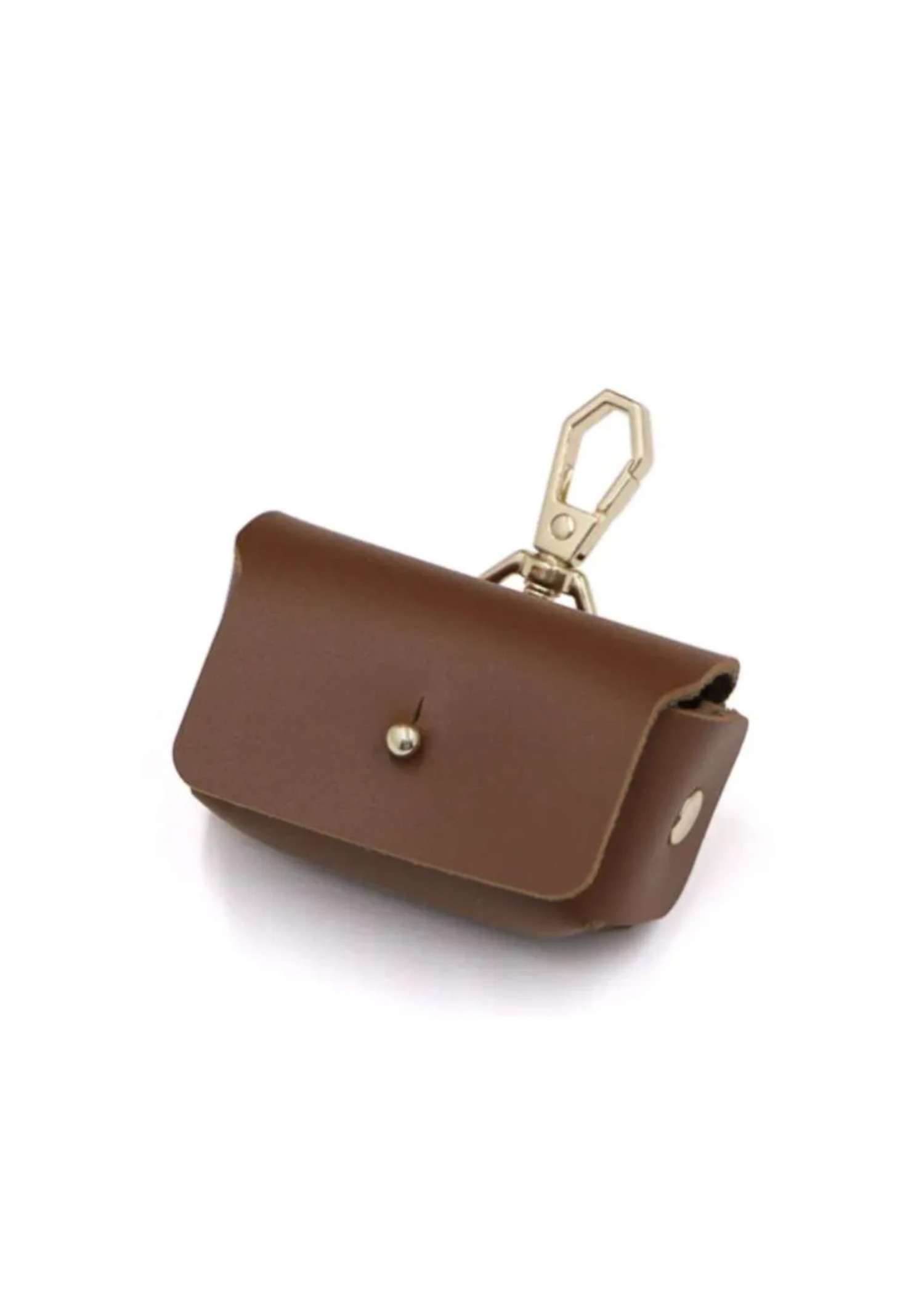 Tan dog ring carrier — leather-look pouch with gold-tone clip for a ring bearer dog