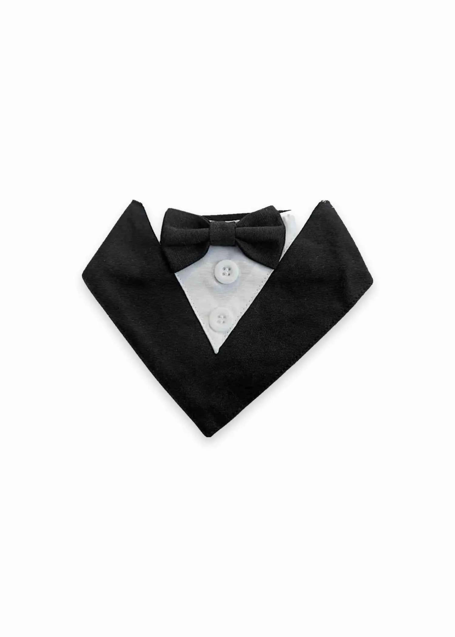 Black tuxedo dog bandana with bow tie and white shirt front