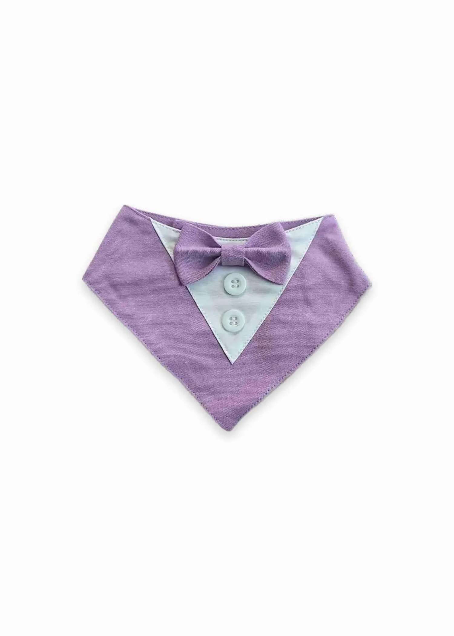 Lilac tuxedo dog bandana with bow tie and white shirt front