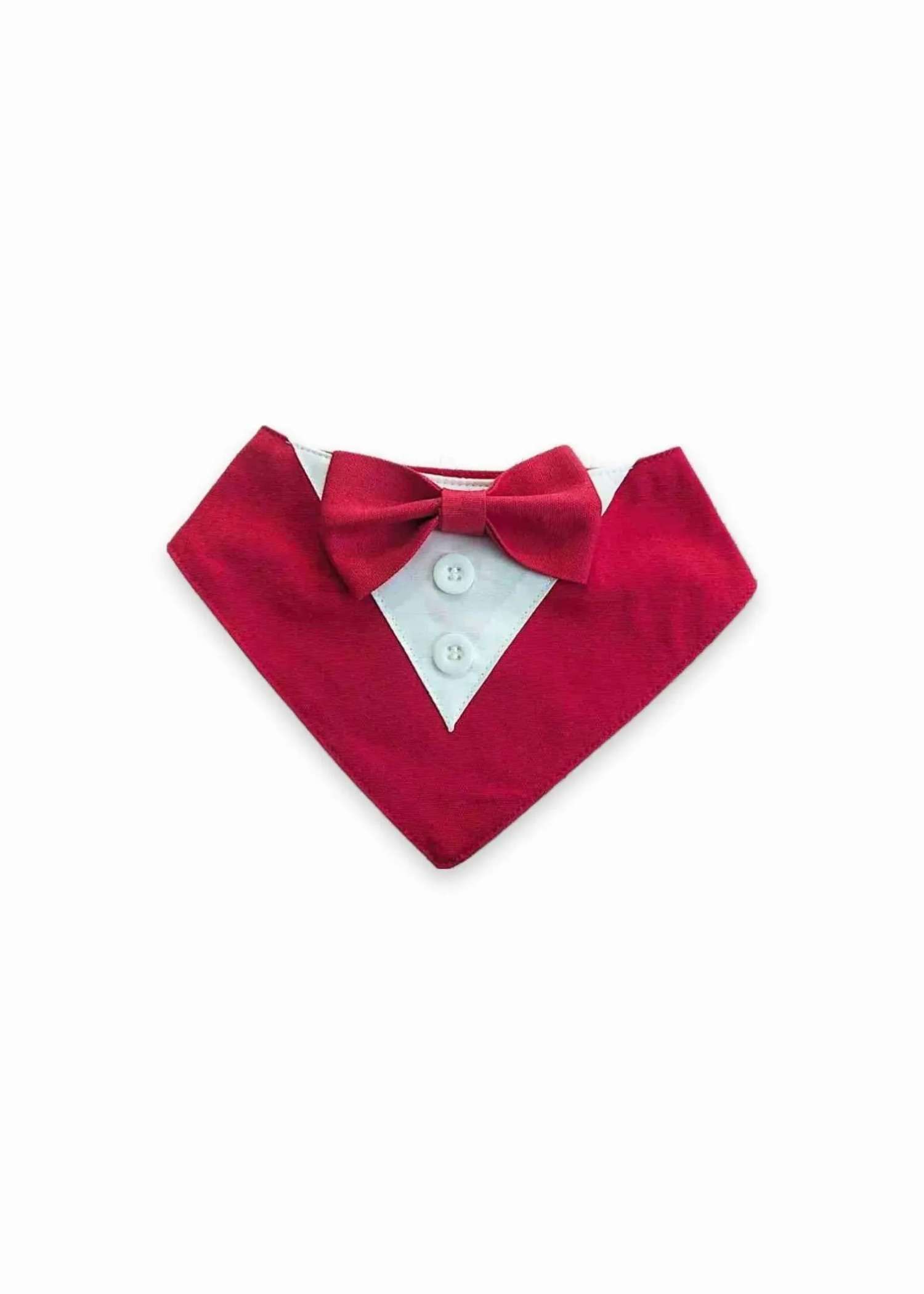Red tuxedo dog bandana with bow tie and white shirt front