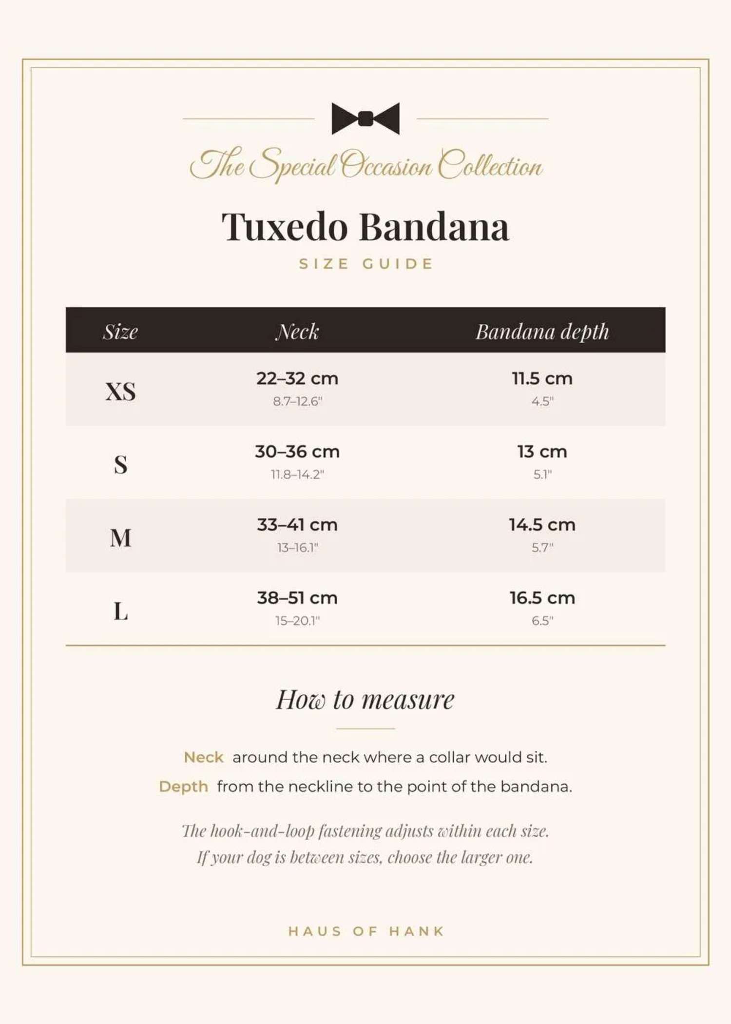 Tuxedo Bandana size guide — neck and bandana depth for sizes XS to L