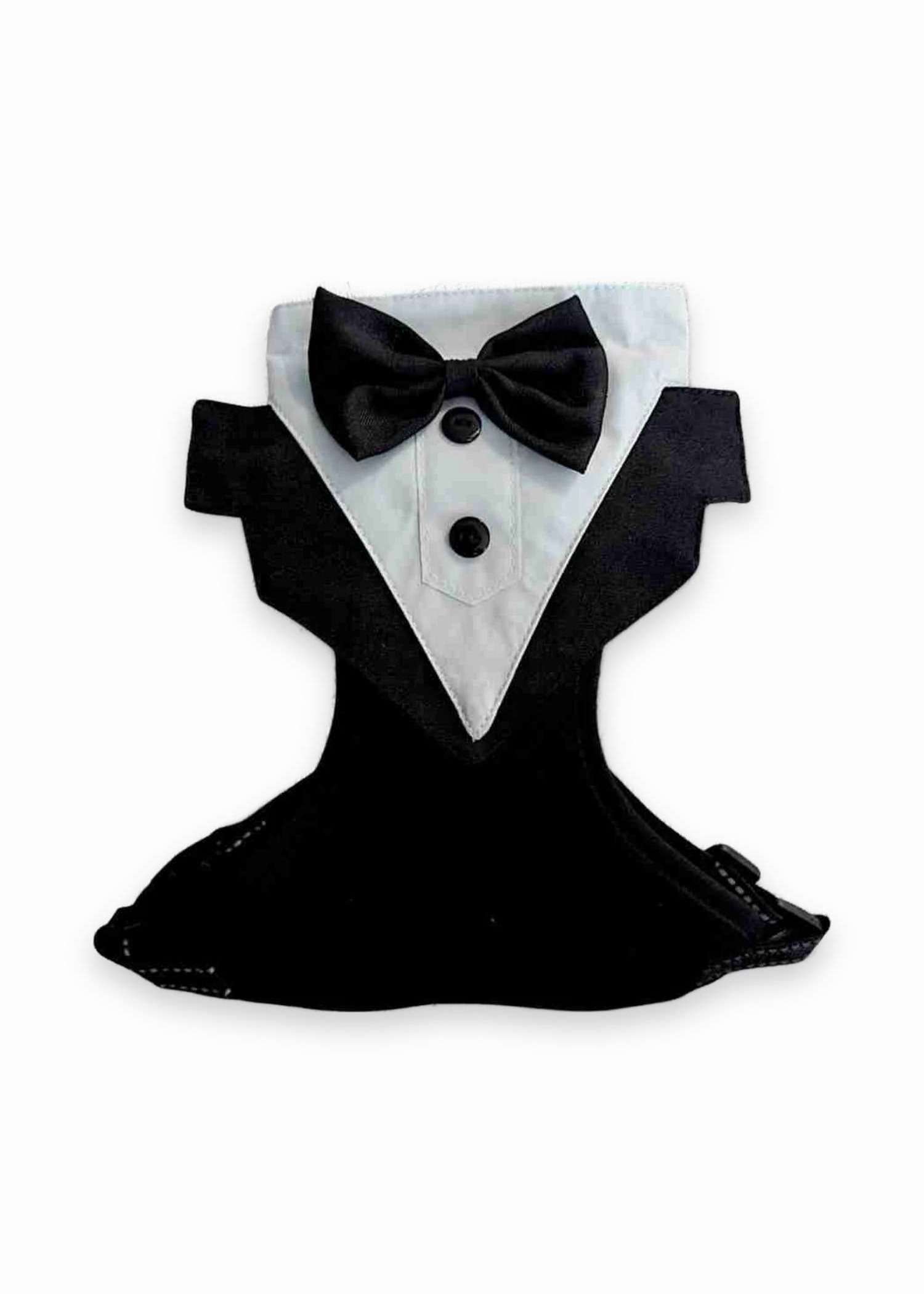 Tuxedo dog harness with bow tie and white shirt front