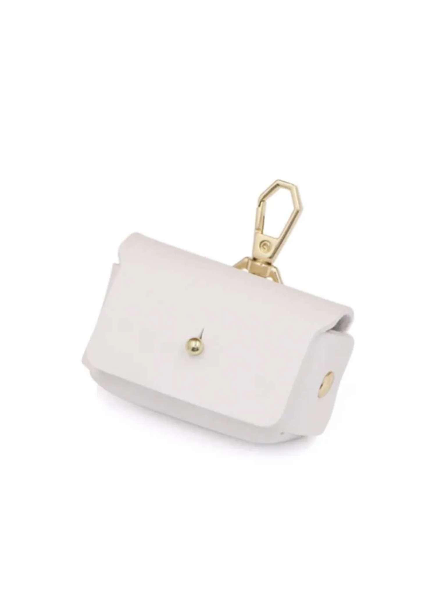 White dog ring carrier — leather-look pouch with gold-tone clip for a ring bearer dog